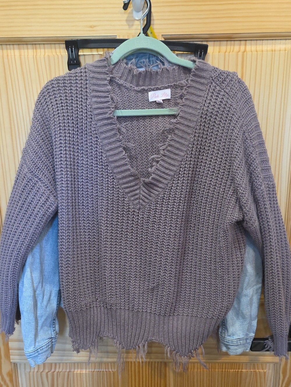 Pink Lily Taupe Distressed V-Neck Chunky Knit Sweater